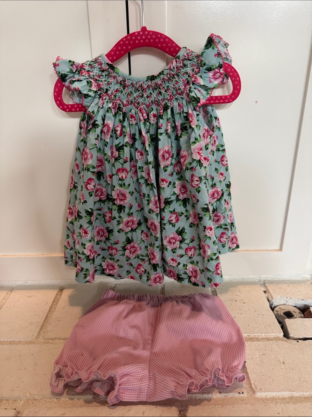 Girls Floral Smocked Top & Pink Gingham Shorts Matching Set